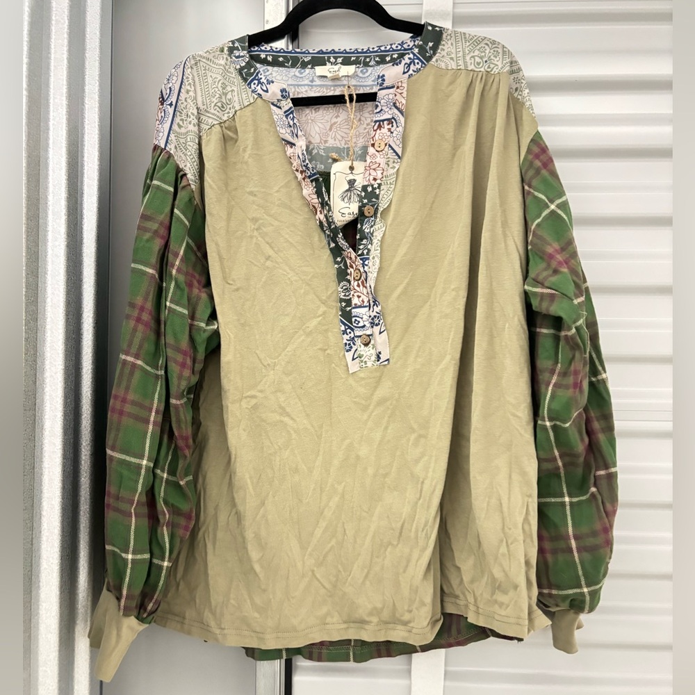 Boho Patchwork Green Plaid Sleeve Women's Top